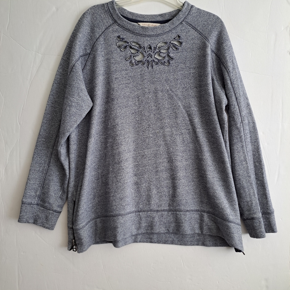 Soft Surroundings Gray and Navy Sweatshirt with Embroidery